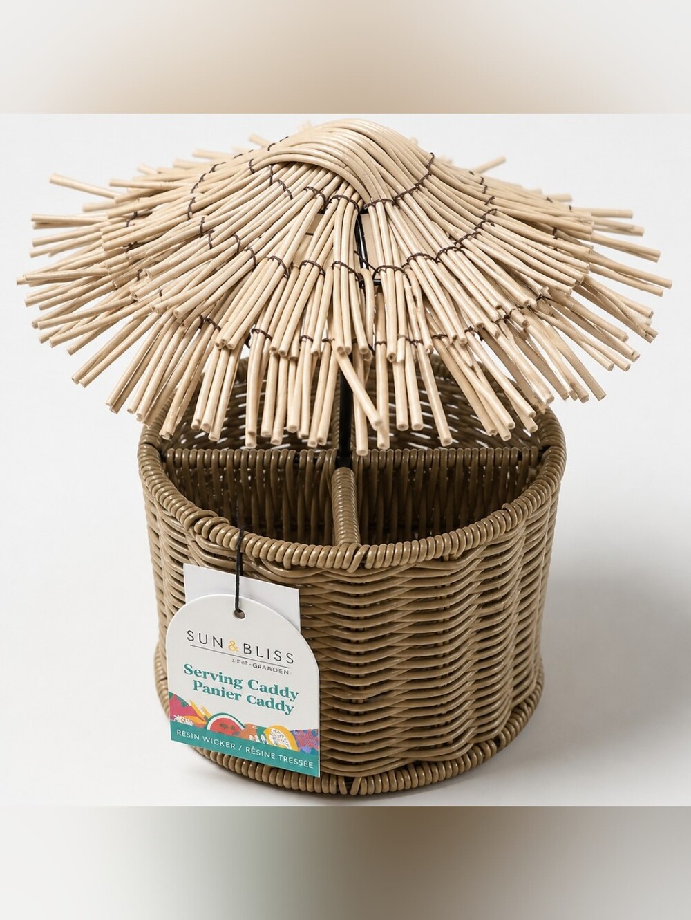 🔸️NWT RARE Resin Wicker Palapa Top Tiki Umbrella Hut Serving Caddy